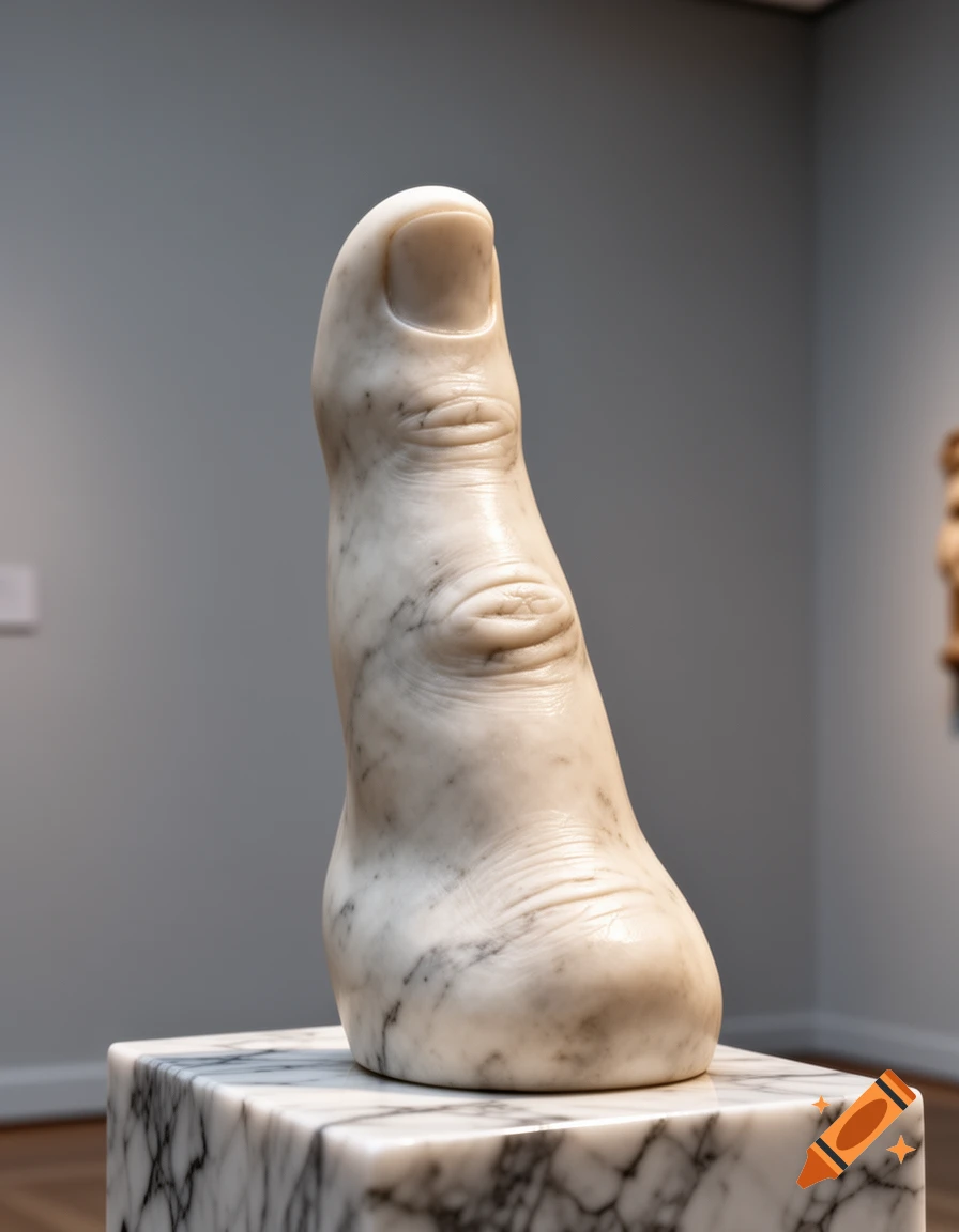 A photorealistic white marble sculpture of a human toe standing upright on a marbled pedestal in a museum.