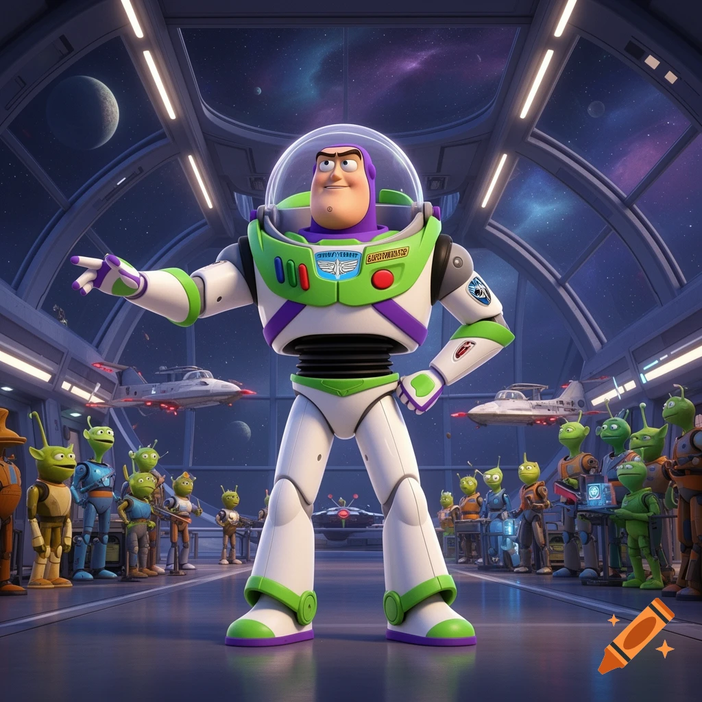 Buzz Lightyear stands confidently in a futuristic spaceship hangar with a group of green aliens.
