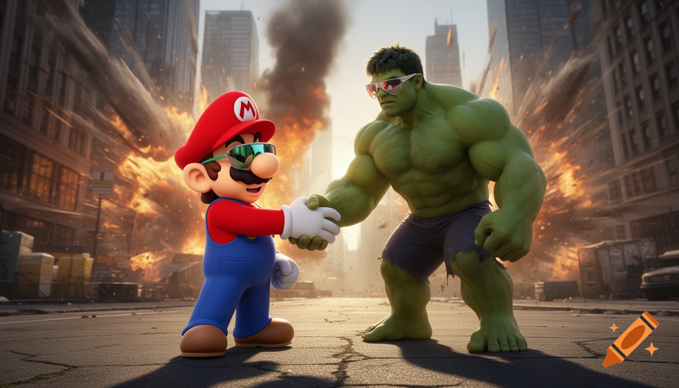 Mario and the Hulk, wearing sunglasses, shake hands amidst a city devastated by explosions.