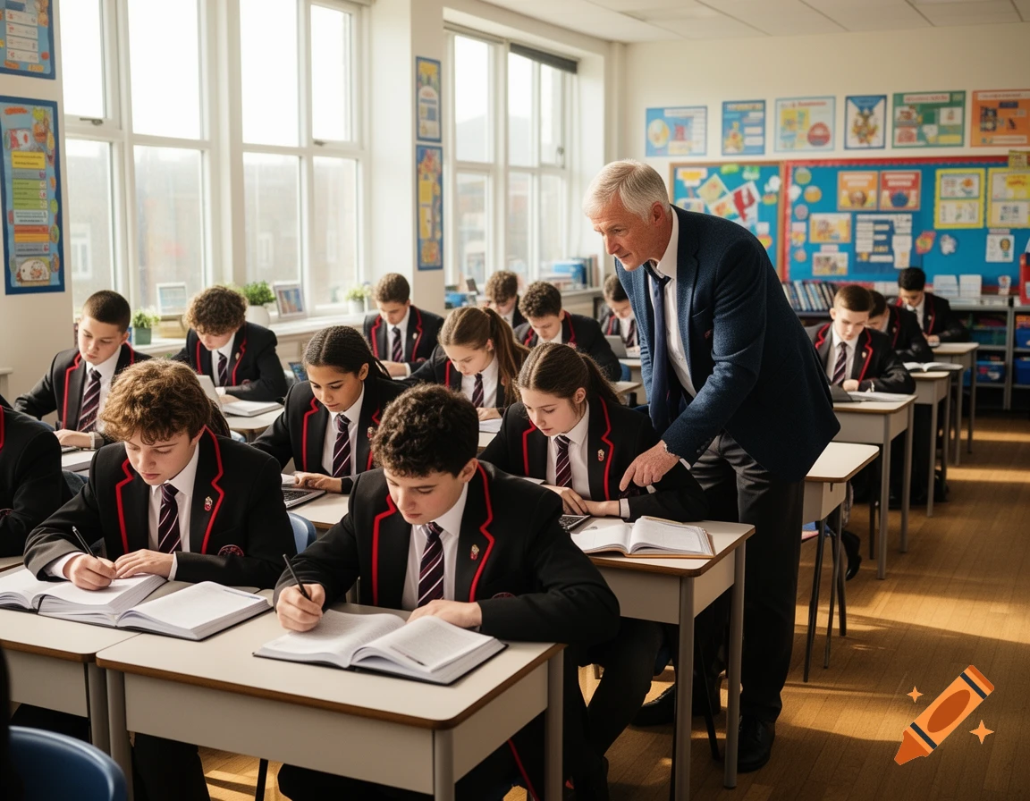 A teacher walks through a bright classroom, leaning over to help students in black and red uniforms who are focused on writing in their open books at individual desks.