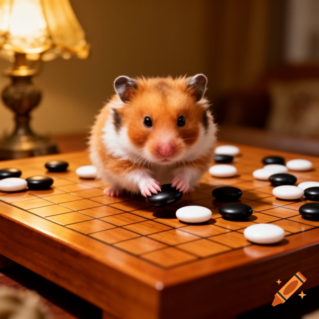 A fluffy, photorealistic hamster with white and orange fur sits on a wooden Go board, holding a black Go stone in its tiny paws.