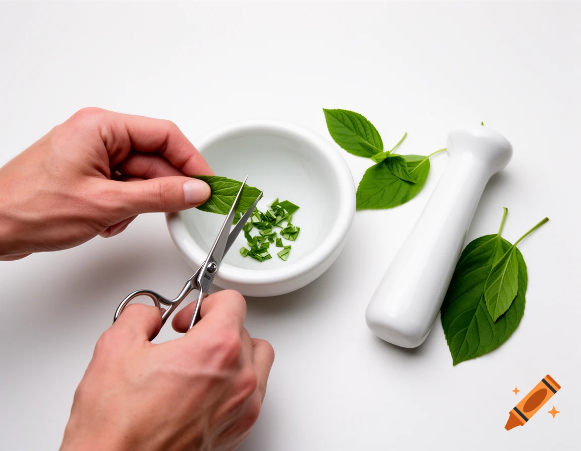 Close-up of hands using metal scissors to cut green leaves into a white ceramic mortar, with a white pestle and whole leaves nearby on a white surface.