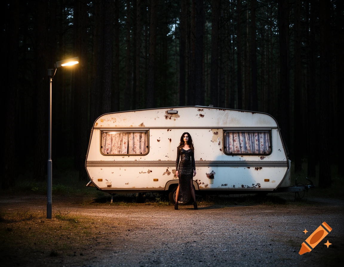 A woman in a long black dress stands under a streetlamp in front of a rusty caravan in a dark forest at night, photorealistic.