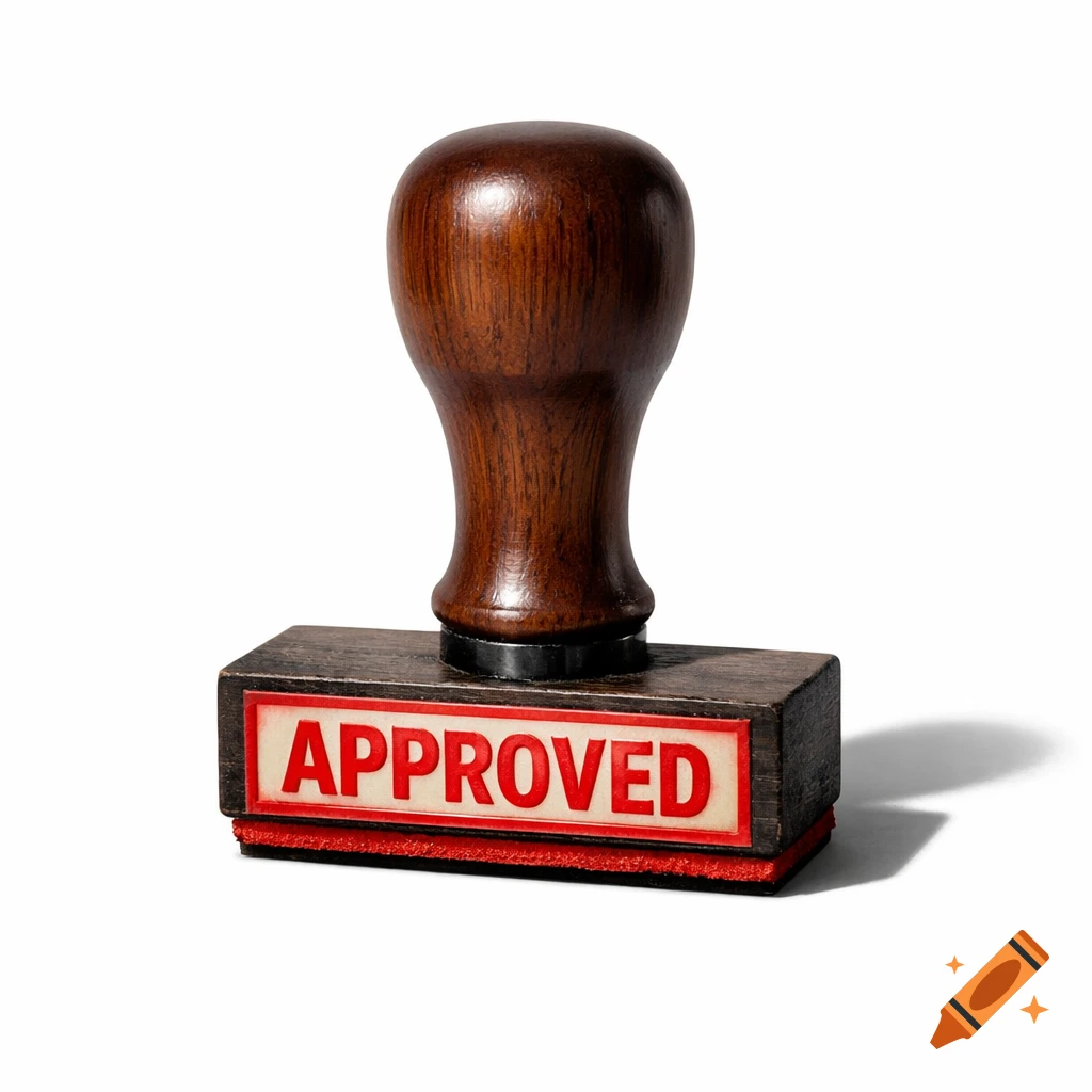 A close-up photorealistic shot of a wooden-handled rubber stamp with 'APPROVED' in red on its base, isolated on a white background, casting a shadow.