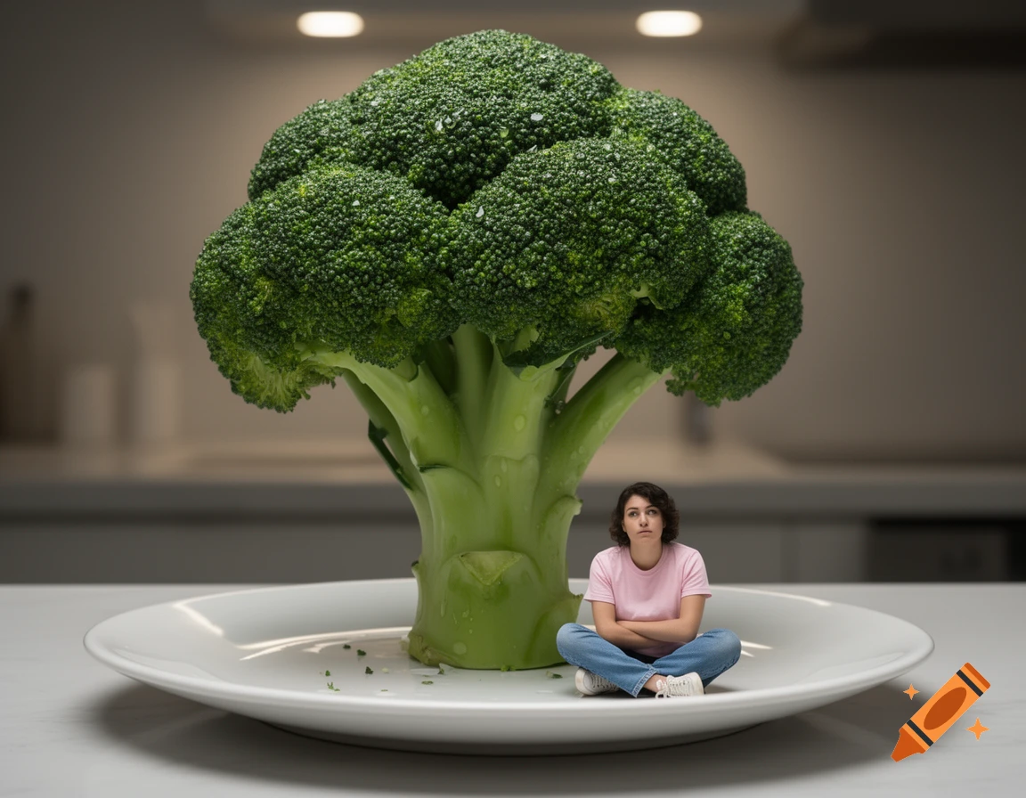 A small person with dark hair and a pink shirt sits with crossed arms on a large white plate in front of a giant stalk of broccoli, looking up with a worried expression.
