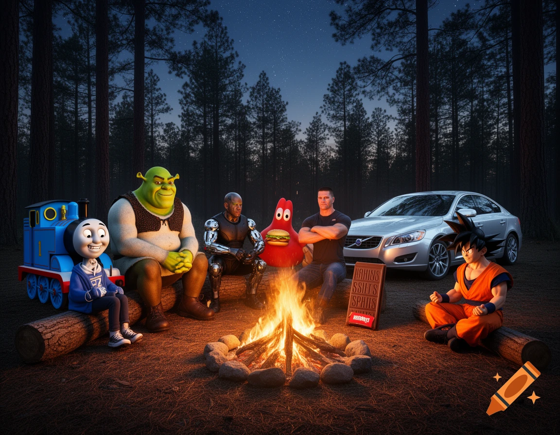A group of popular characters and a car sit around a campfire in a dark forest at night, under a starry sky.
