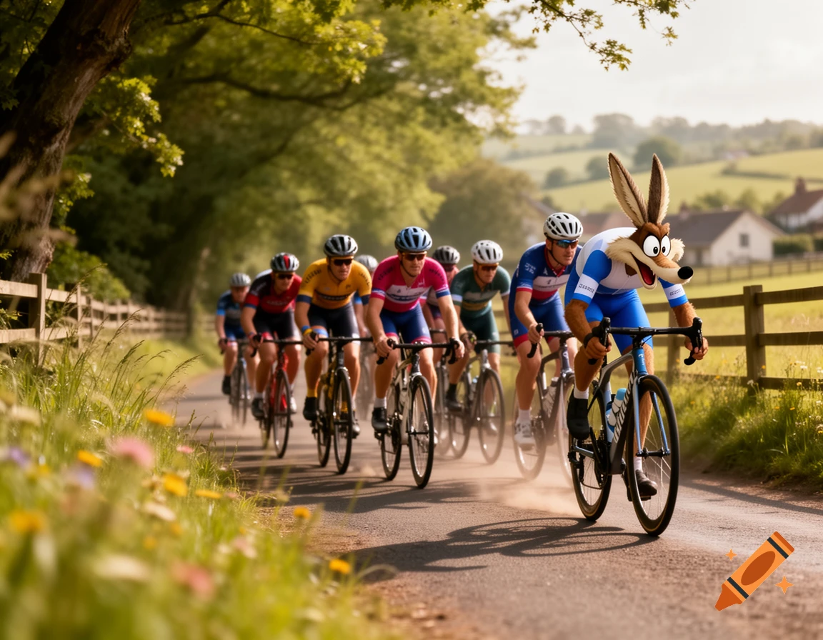 Wile E. Coyote cycles at the front of a peloton of human cyclists on a country road lined with trees and fences.