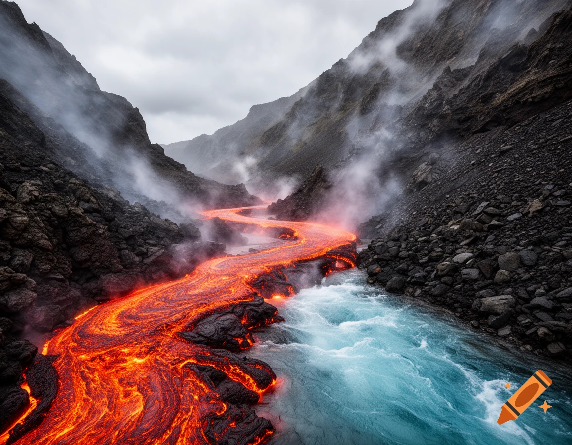 A vibrant orange lava river flows next to a blue river in a rocky, misty volcanic canyon.