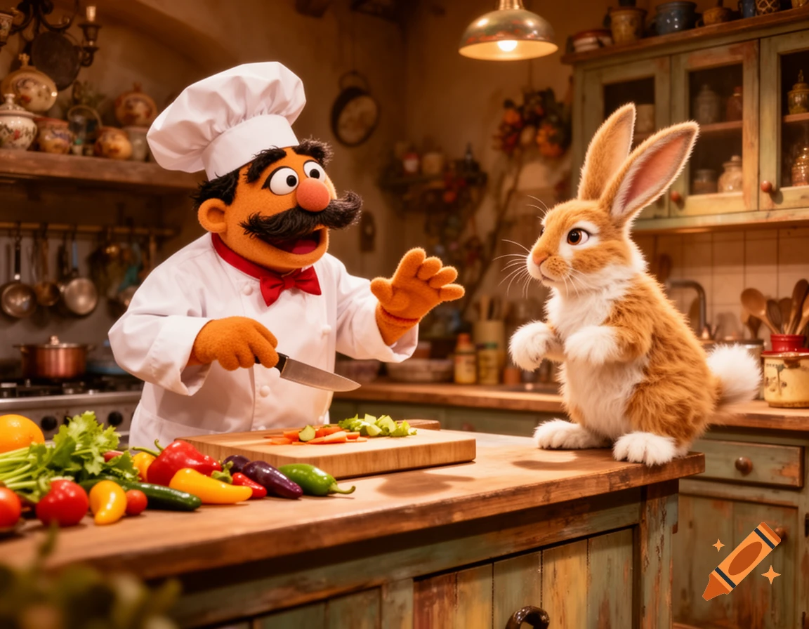 A Muppet-like chef holding a knife, looks at a fluffy rabbit standing on a rustic kitchen counter with vegetables.