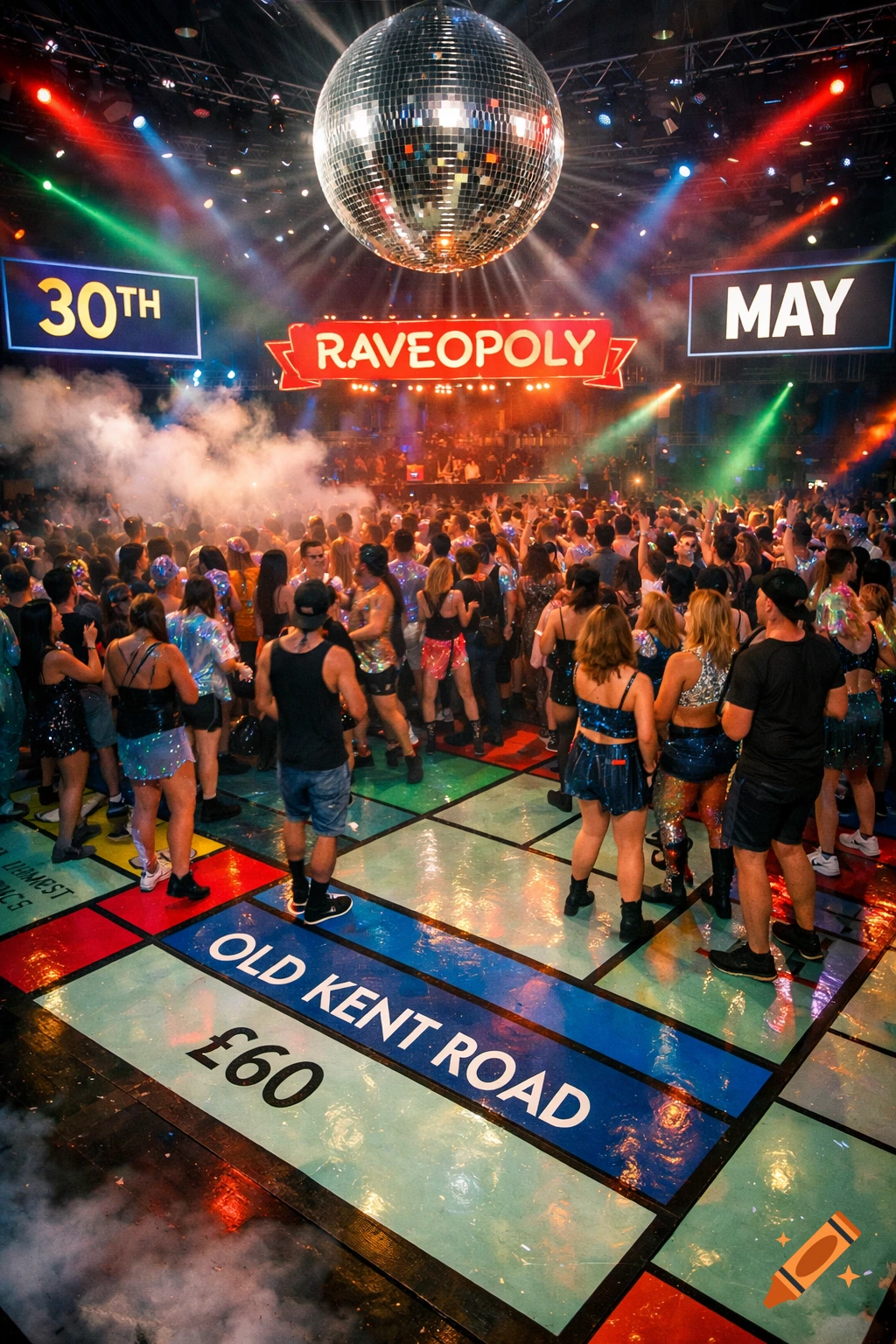 A vibrant rave scene with a large disco ball and laser lights over a crowd dancing on a giant Monopoly board-themed floor.