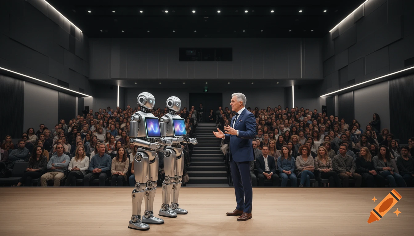 A man speaks to two robots on a stage with an audience in an auditorium, photorealistic.