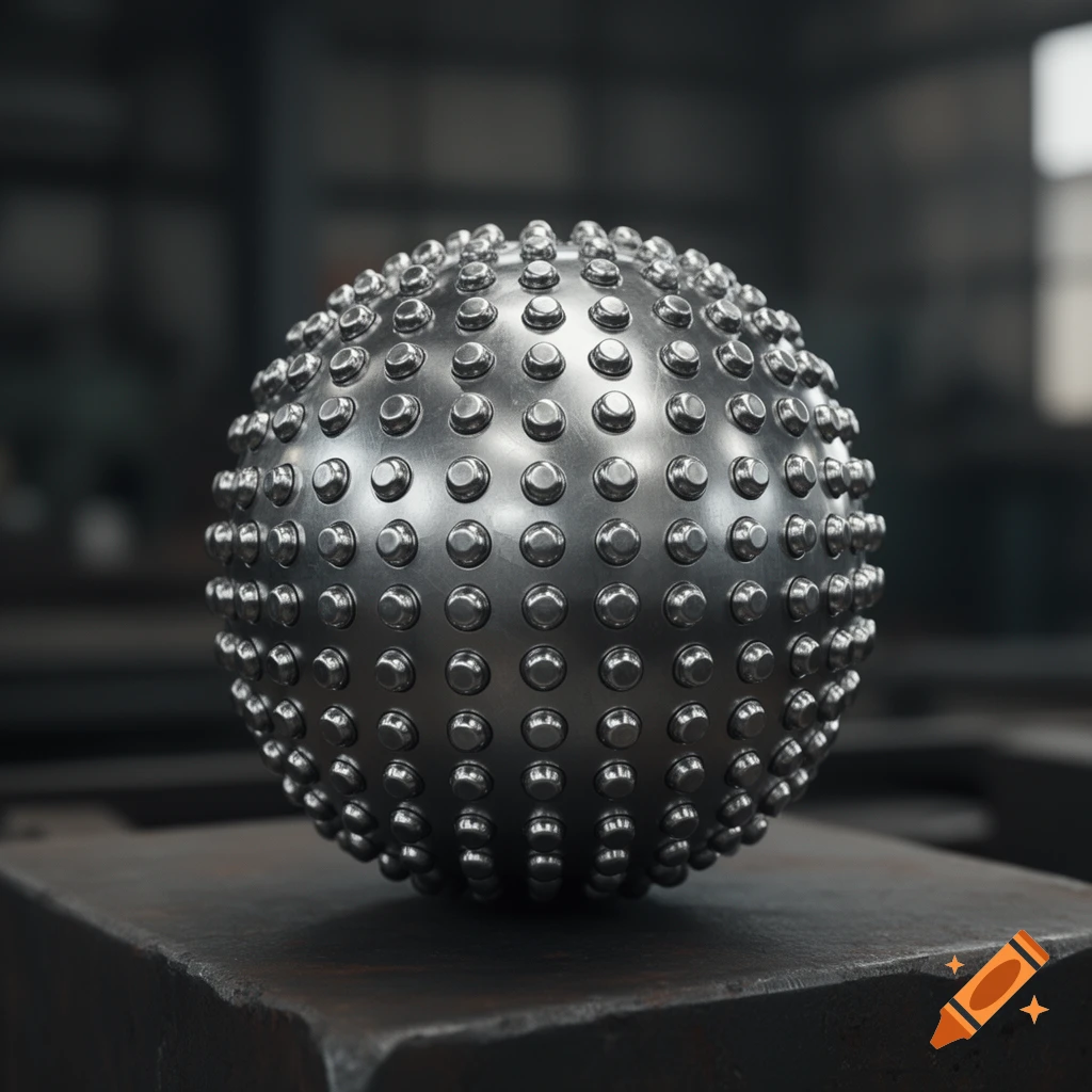 A close-up of a perfectly round, reflective steel ball covered uniformly with numerous small, embedded metal studs, set on a dark, textured surface with a blurred industrial background.