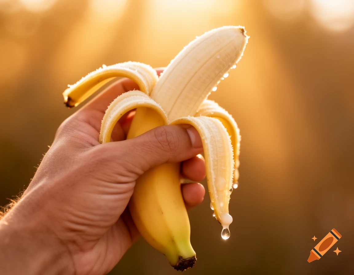 A close-up, photorealistic image of a hand holding a partially peeled banana with water droplets, against a warm, sunlit background.