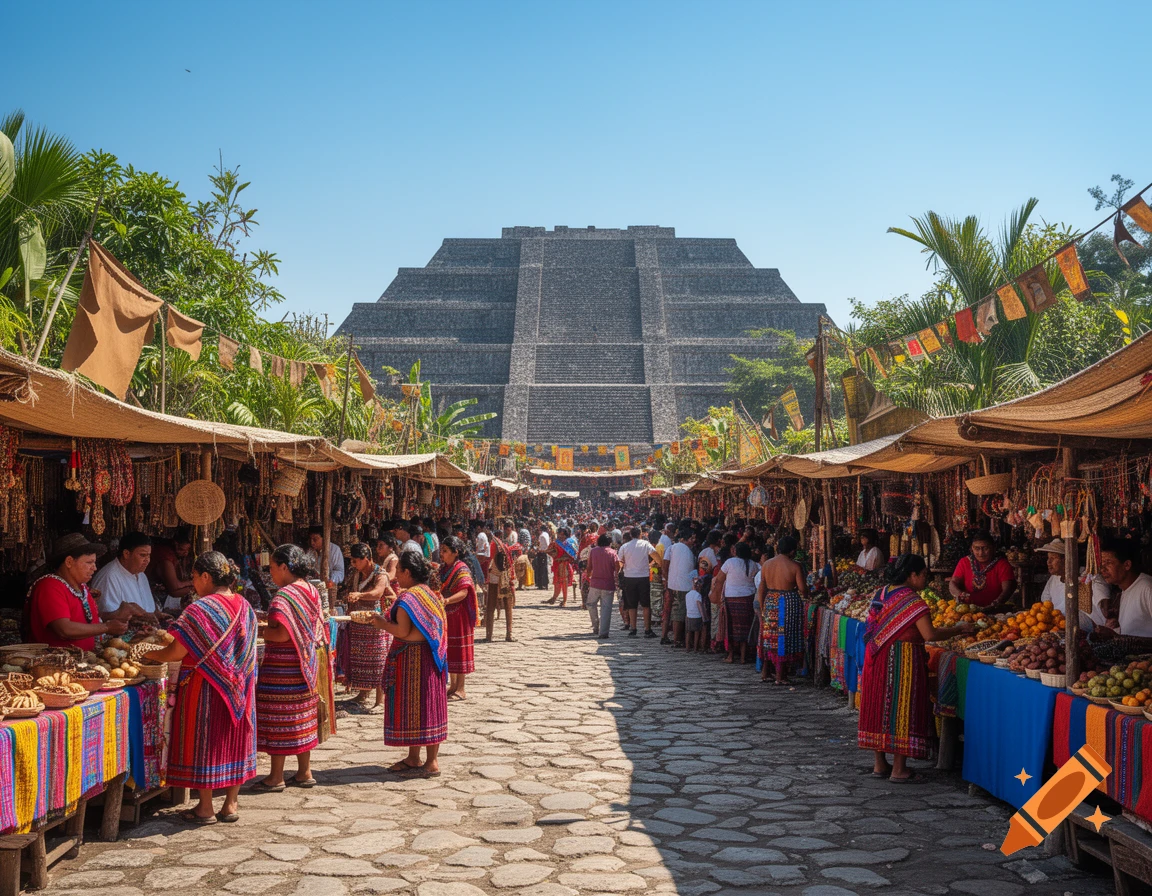 A bustling marketplace with numerous people and stalls, set against a large stone pyramid under a clear blue sky.