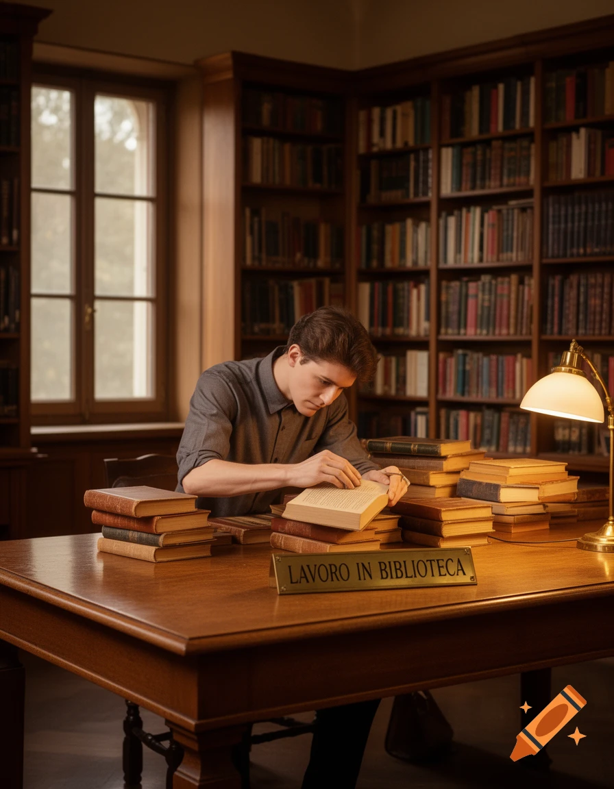 A young man intently reads a book at a wooden table piled with books in a warm, classic library setting.