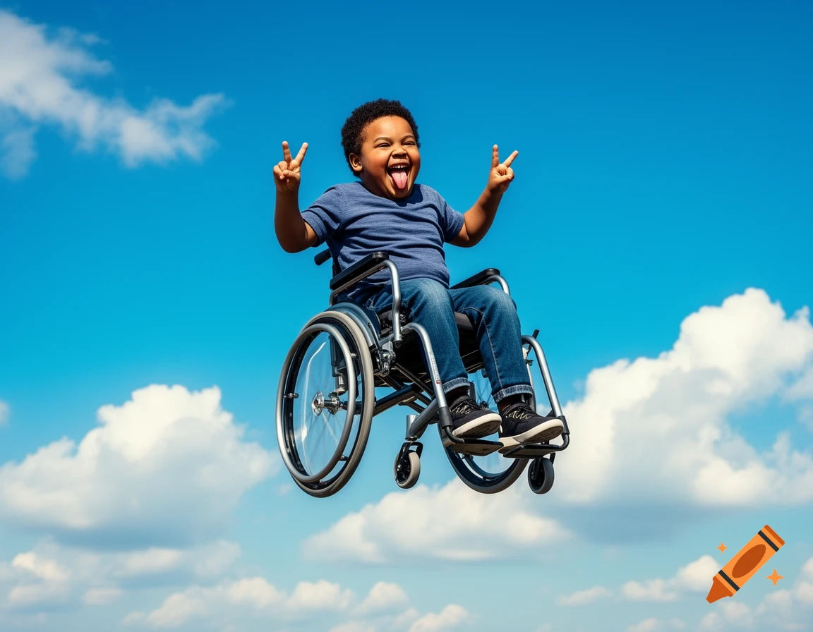 A joyful Black boy in a wheelchair flies high in a vibrant blue sky, sticking out his tongue and making peace signs.