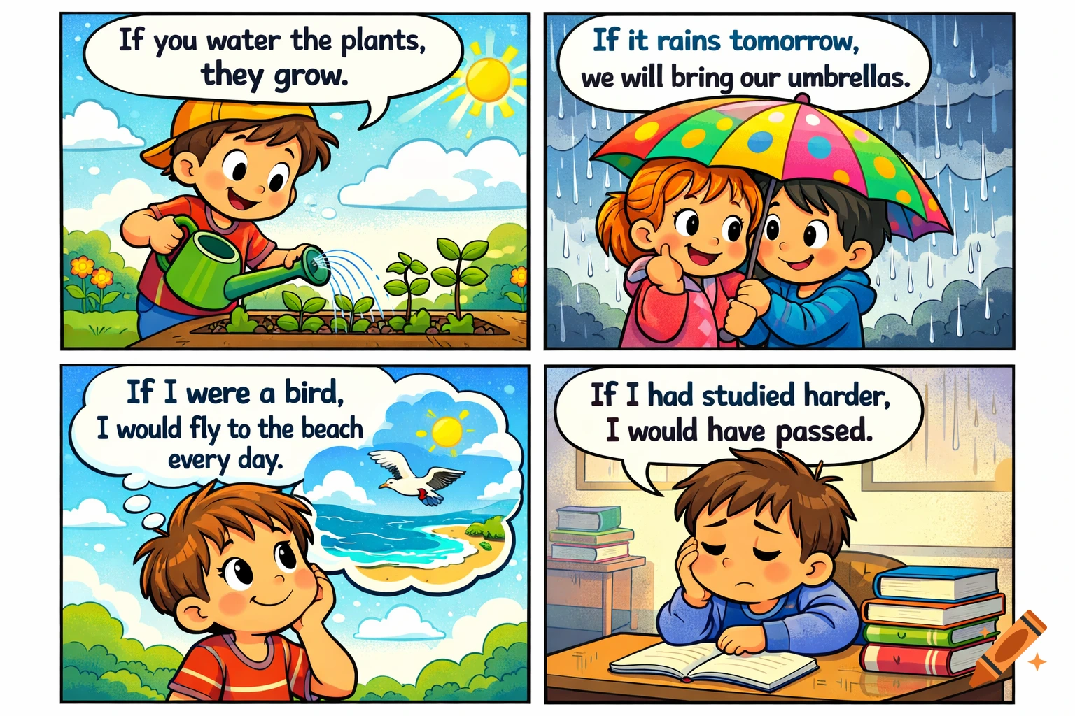 A colorful 4-panel cartoon comic strip showing children and conditional sentences. Scenes include watering plants, rain, beach imagination, and studying.