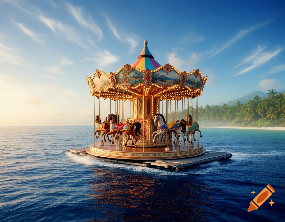 An ornate, brightly lit carousel floats on a calm blue ocean near a tropical beach with palm trees under a clear sky.