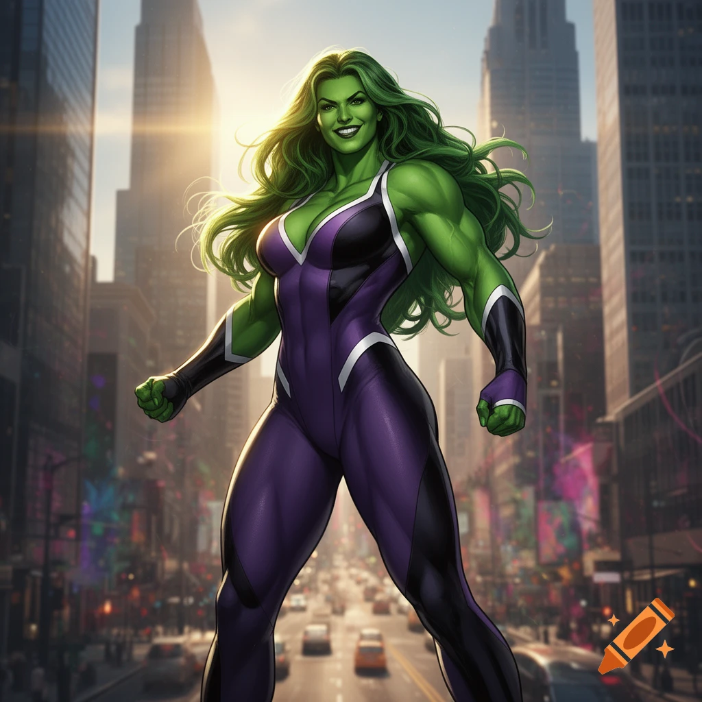 She-Hulk in a purple and black suit stands confidently on a city street at sunset, rendered in a comic book art style.