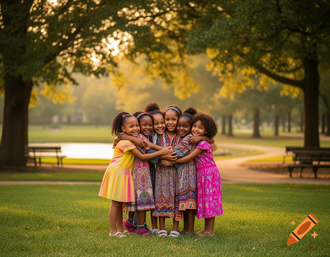 Seven young girls with various hairstyles hug each other in a sunny park with green grass and trees.