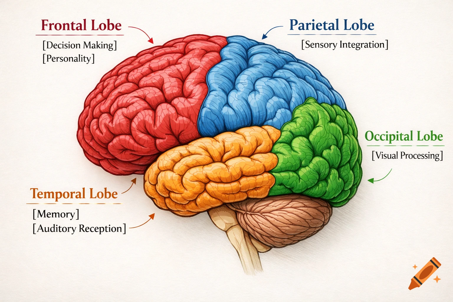 Colorful illustration of a human brain, with lobes (Frontal, Parietal, Occipital, Temporal) labeled and their functions listed.