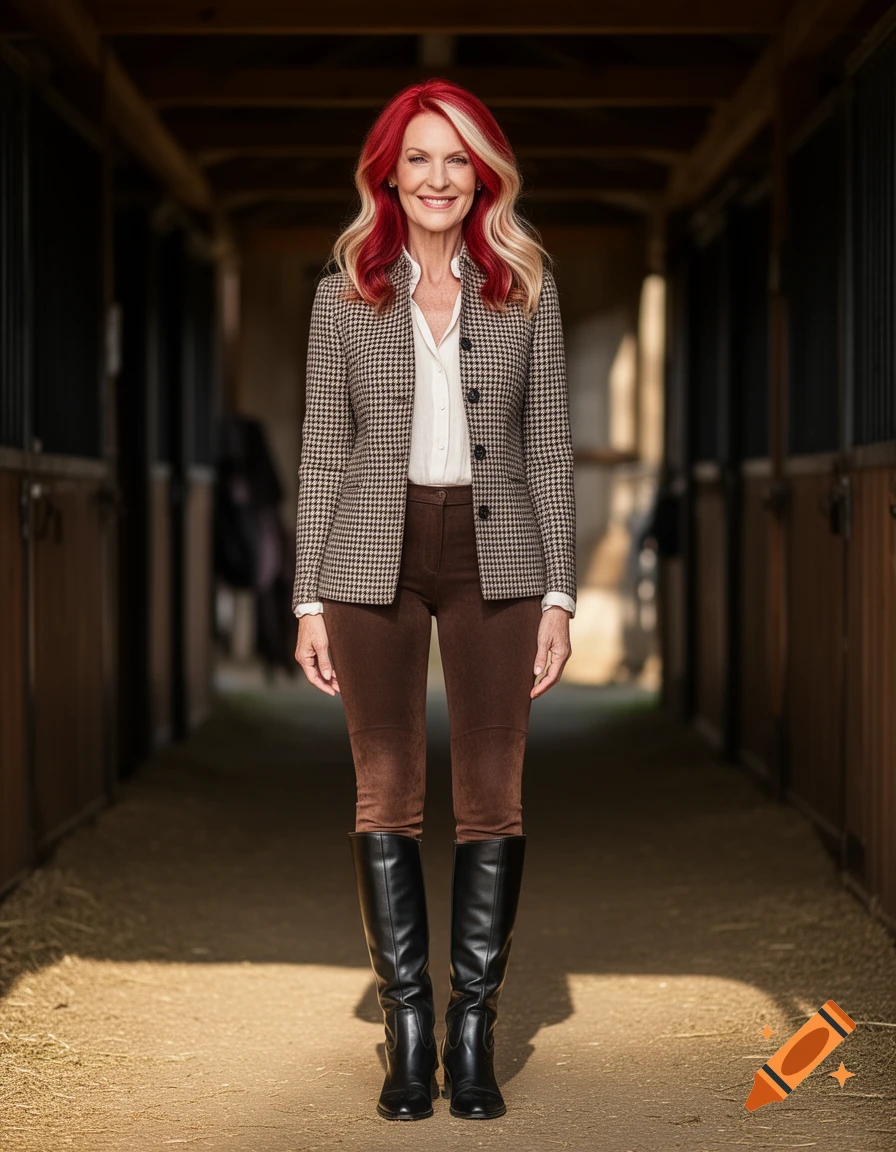 A smiling woman with red and blonde hair, dressed in a houndstooth jacket, brown pants, and black riding boots, stands in a barn aisle. Photorealistic.