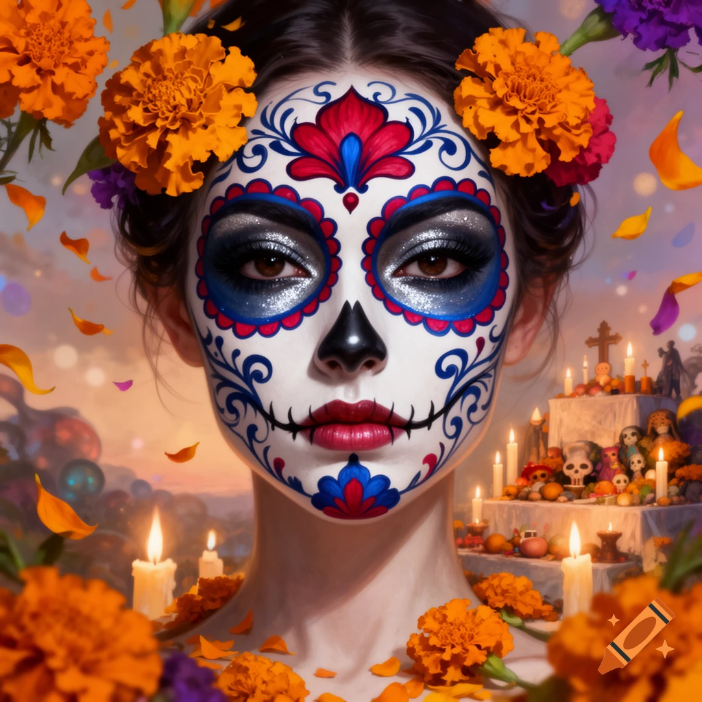 A woman with vibrant Day of the Dead sugar skull face paint and marigolds in her hair, surrounded by candles and flowers.