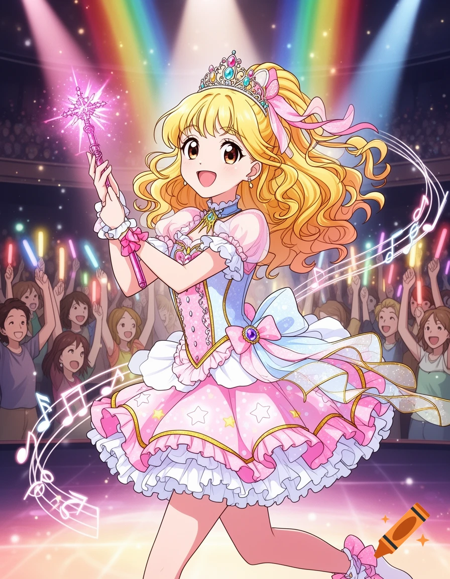 A blonde anime idol in a frilly pink princess dress and tiara, holding a sparkling pink wand on a concert stage with a cheering crowd and rainbow lights.