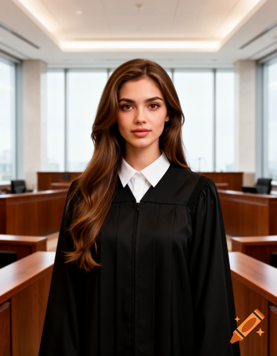 Photorealistic young female lawyer with long brown hair, wearing a black robe, standing confidently in a modern courtroom.
