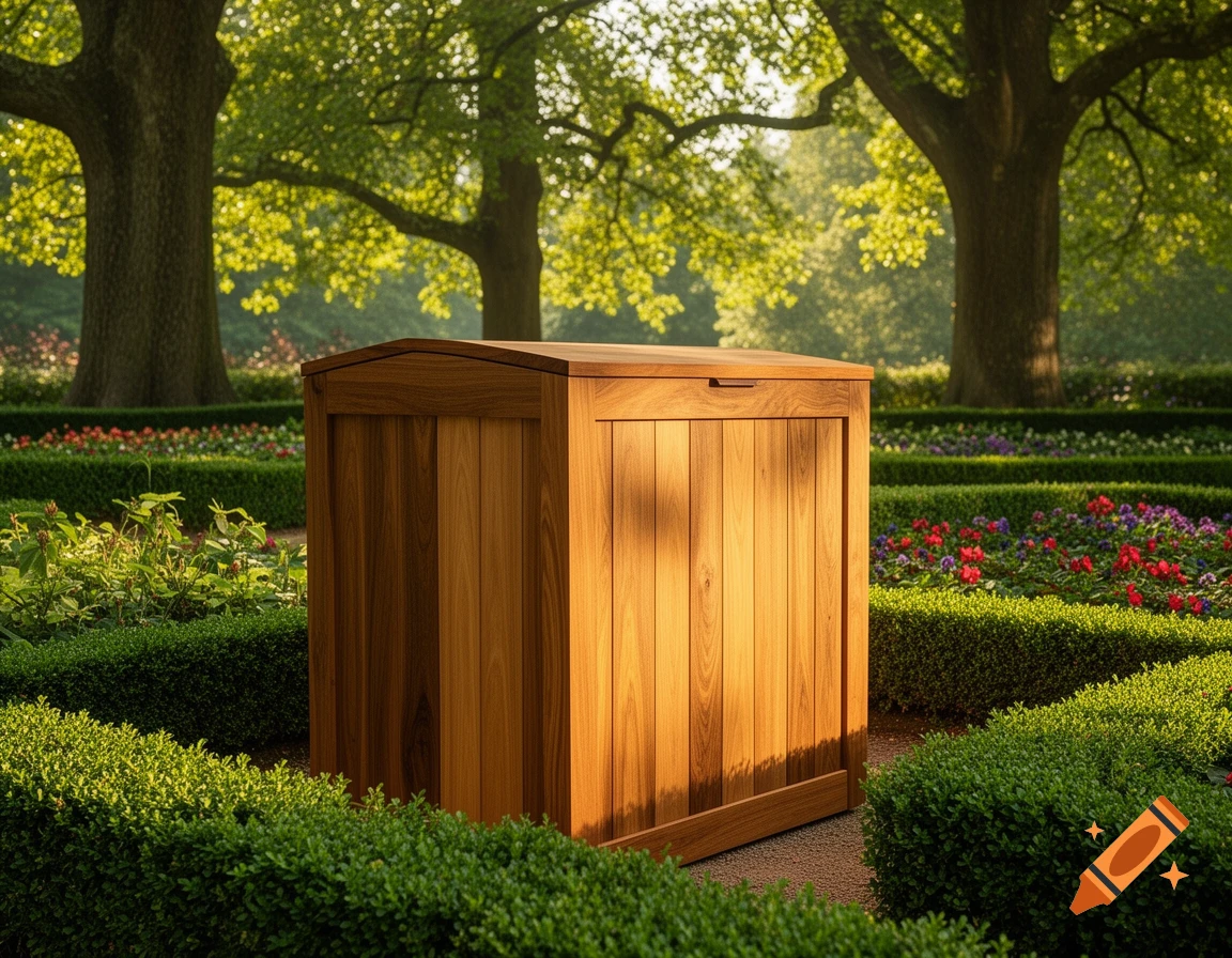 A sleek wooden bin sits amidst manicured hedges and colorful flowers in a lush, sunlit garden with large trees.