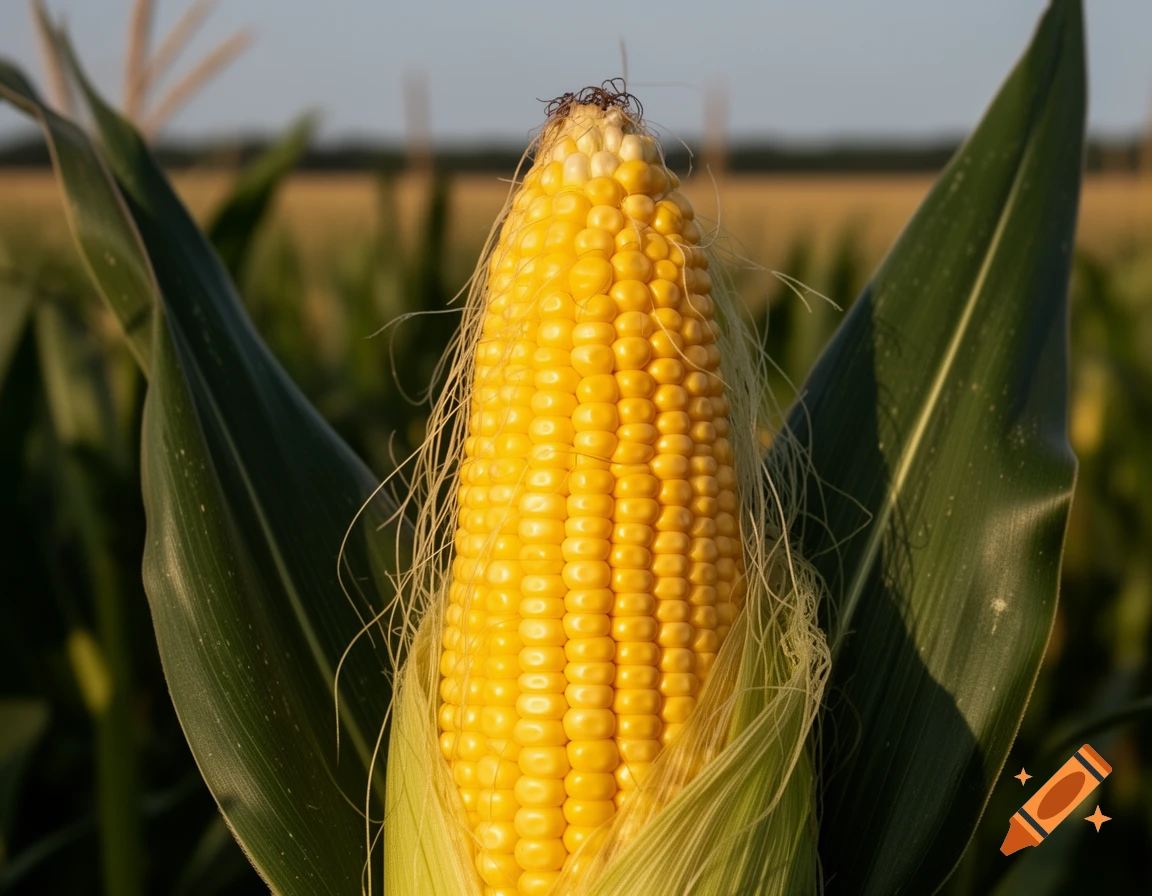 A close-up, photorealistic view of a yellow ear of corn partially husked, standing in a field under sunlight.