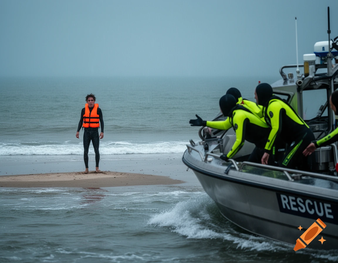 A person in a wetsuit and orange life vest stands on a sandbank as a rescue boat with crew approaches.