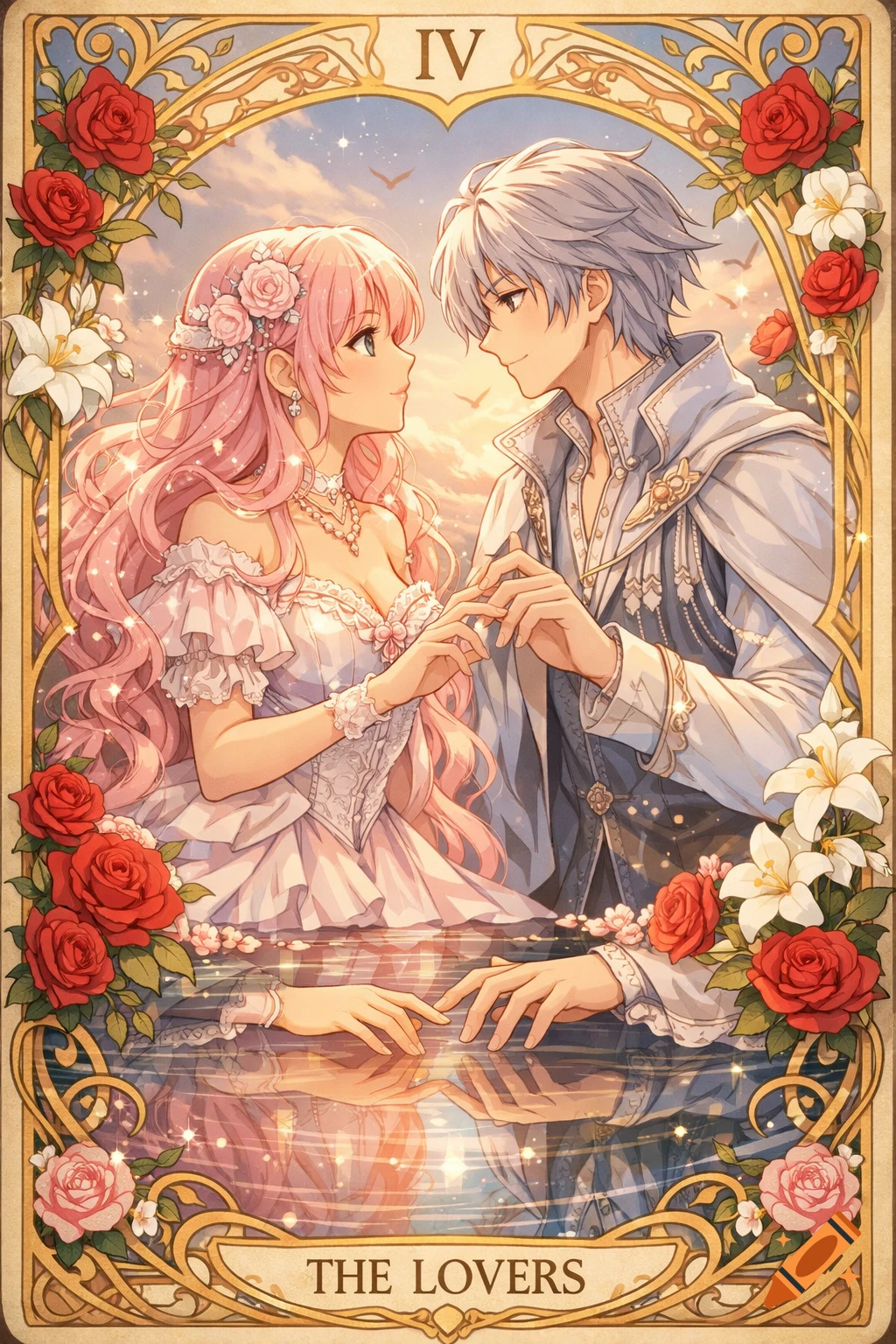 Anime tarot card 'IV The Lovers' with a romantic couple holding hands, surrounded by red roses, white lilies, and a sunset.