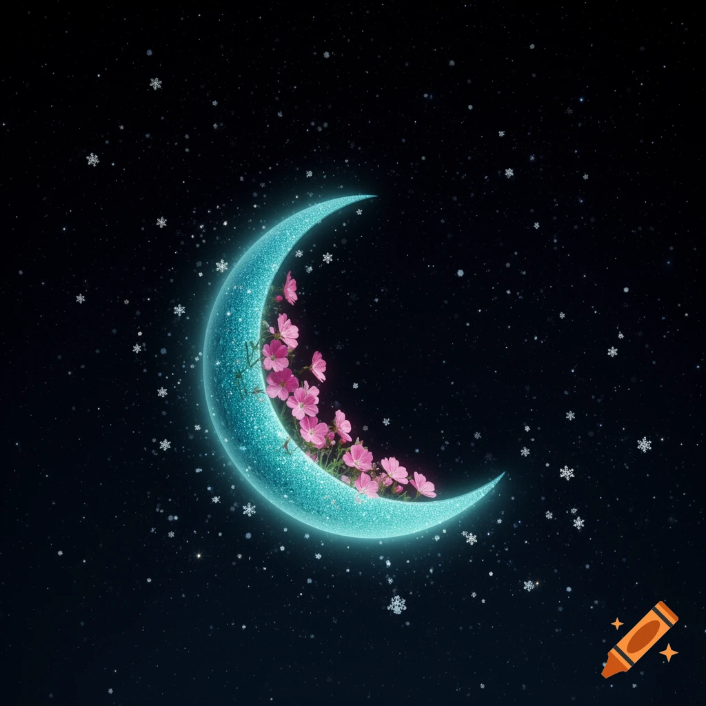 A sparkly turquoise crescent moon adorned with pink wildflowers, set against a dark, star-filled night sky with falling snowflakes.