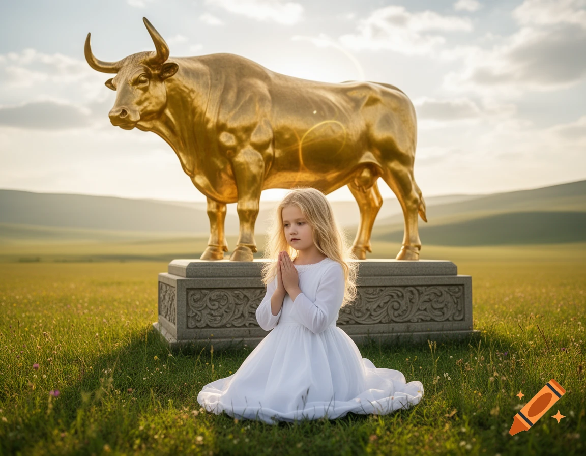 A blonde girl in a white dress kneels in a grassy field before a large golden bull statue on a sunny day.