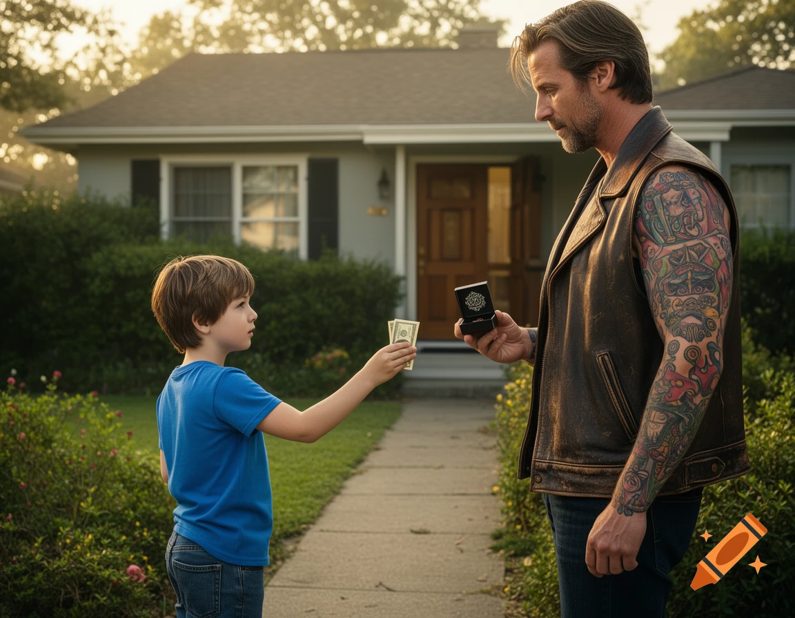 A young boy hands money to a tattooed man in a leather vest holding a small box, standing on a sidewalk in front of a house.