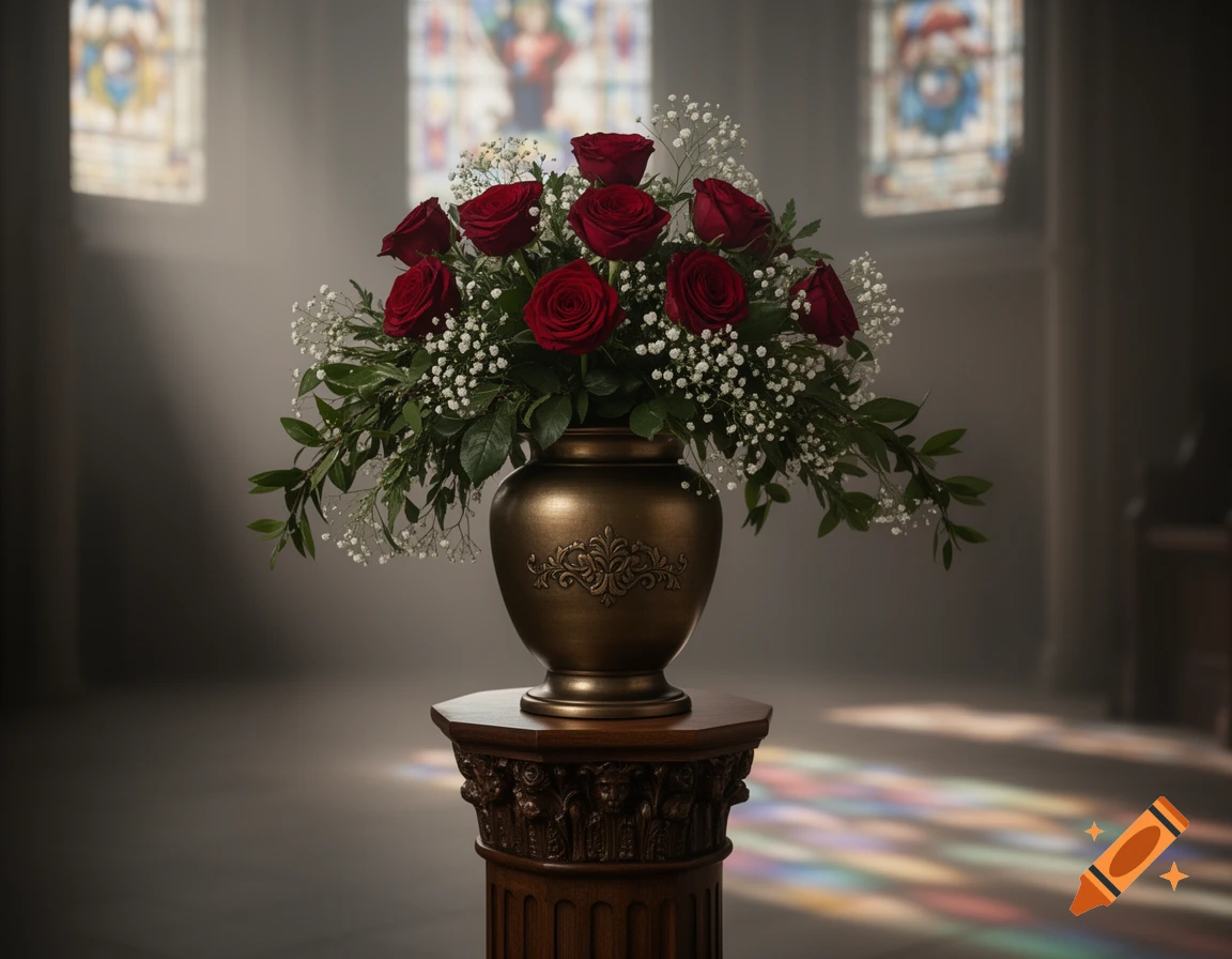 Red rose floral arrangement in a golden vase on a carved wooden pedestal inside a dimly lit church with stained glass windows casting colorful light.