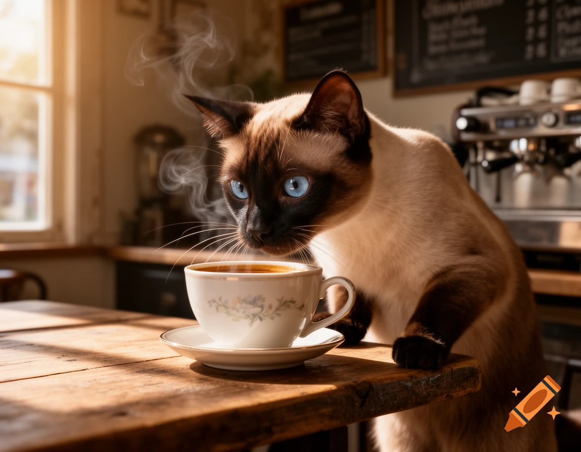 A Siamese cat with bright blue eyes gazes intently at a steaming cup of coffee on a wooden table in a sunlit coffee shop. Photorealistic.