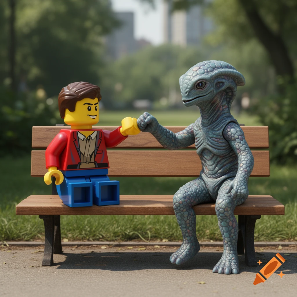 A Lego minifigure and a grey-skinned alien creature sit on a wooden park bench, giving each other a fist bump in a sunlit park.