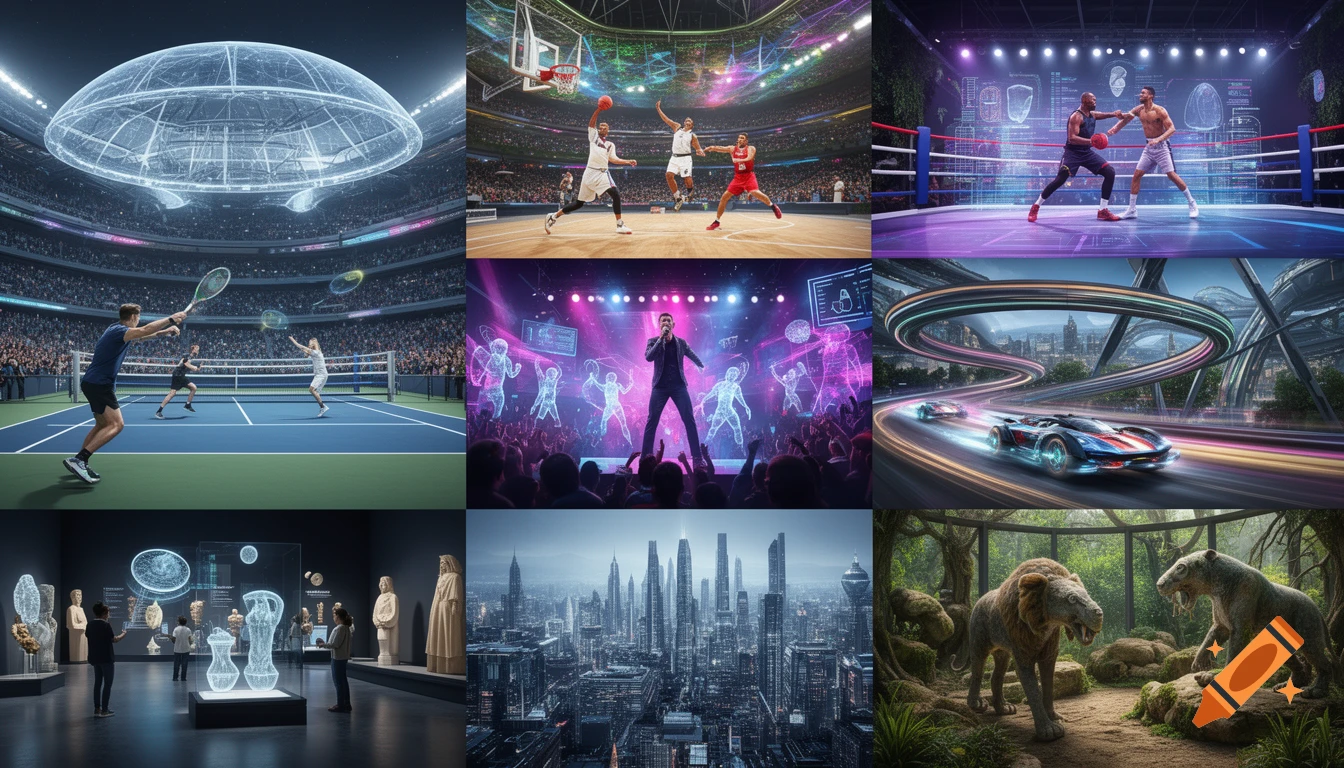 A montage of nine futuristic scenes including a tennis match, a basketball game, a boxing match, a music concert, a car race, a museum, a cityscape, and two saber-tooth tigers in a jungle habitat.