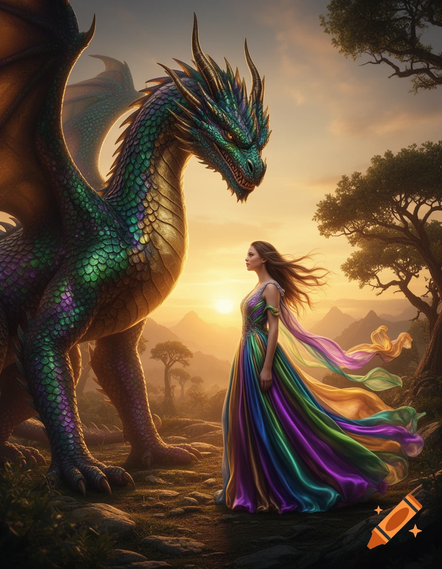 A colorful dragon and a woman in a flowing rainbow dress stand in a ...