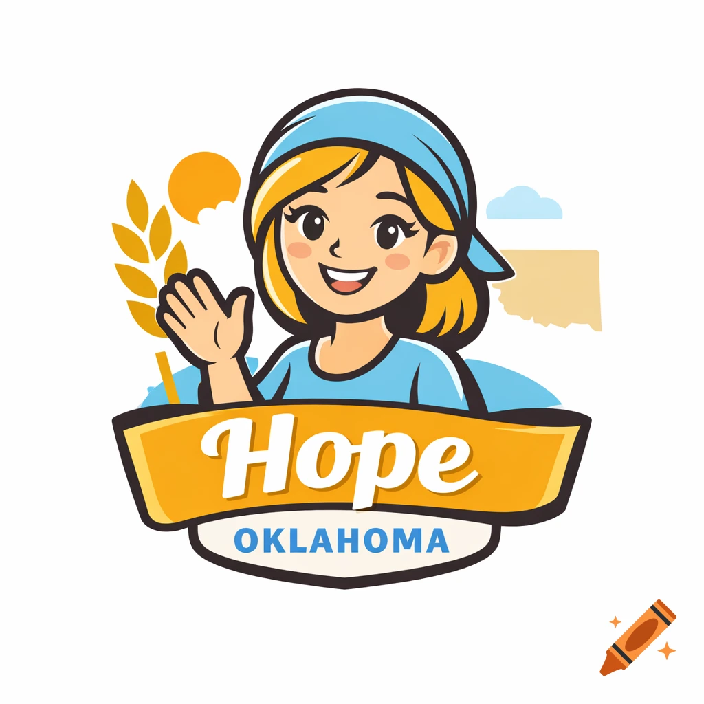 Cartoon logo of a blonde woman wearing a blue bandana, waving, with wheat, a sun, and a map of Oklahoma. Text reads 'Hope OKLAHOMA'.