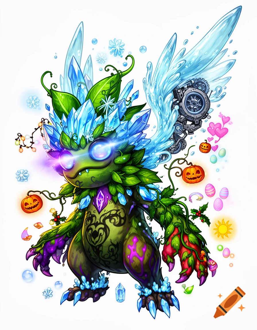 A colorful, fantastical monster composed of plants, ice crystals, and mechanical parts, surrounded by floating holiday symbols, in a vibrant cartoon style.