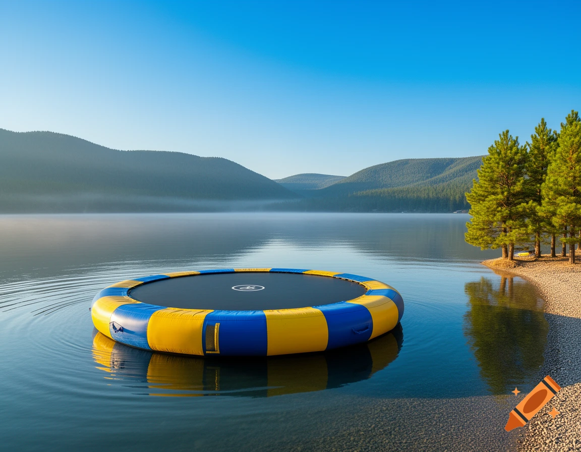 A blue and yellow water trampoline floats on a calm lake with misty mountains and pine trees under a clear blue sky.