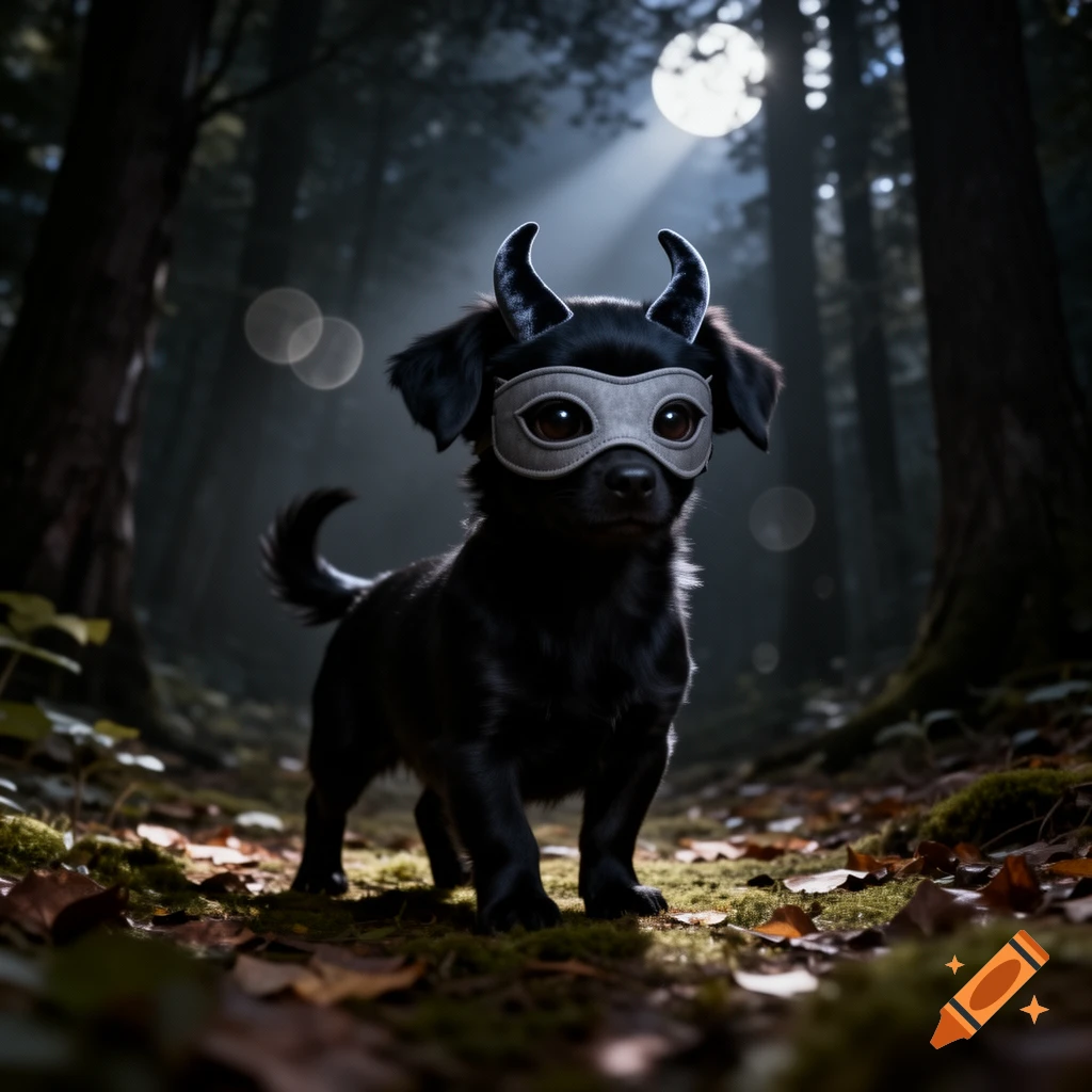 A cute black dog wearing a gray eye mask with small horns, standing in a dark, moonlit forest with fallen leaves.