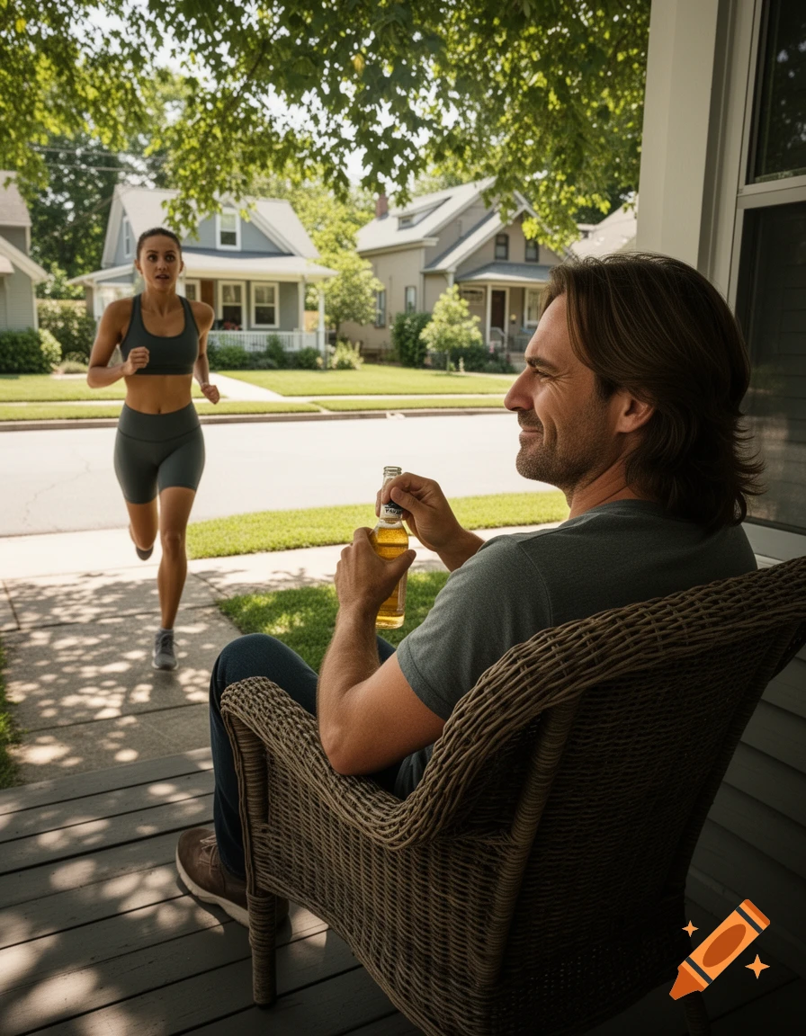A man sits on his porch in a wicker chair, smiling and holding an open beer bottle, watching a woman jog by on the street. Photorealistic.