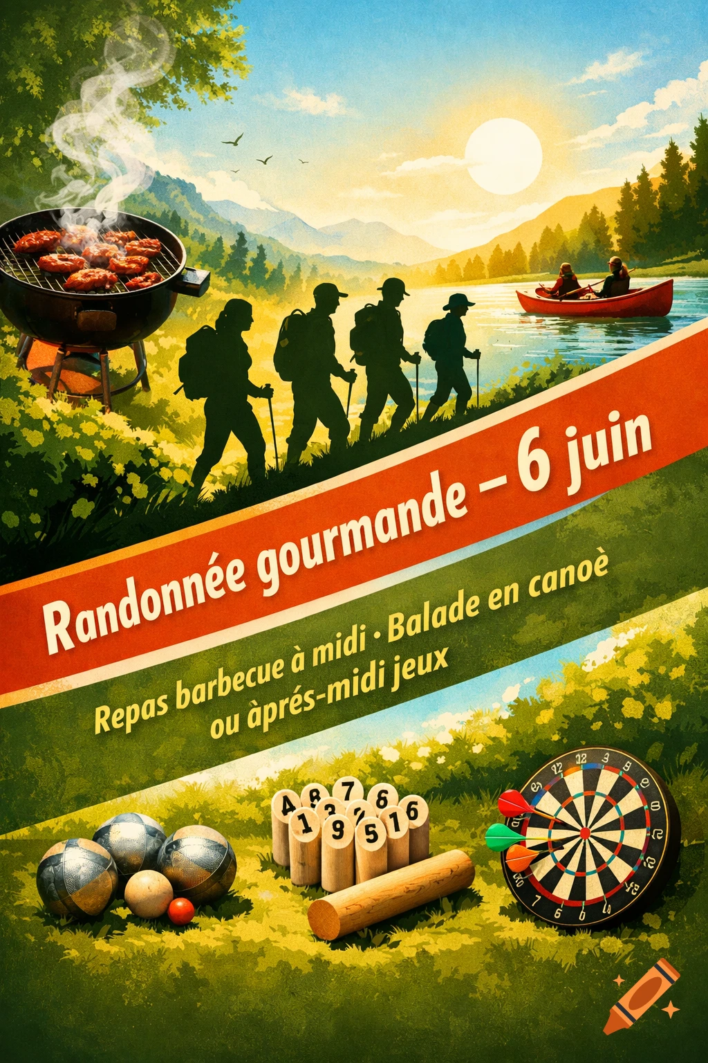 Illustrated poster for a nature event: hikers, barbecue, canoers, and ...