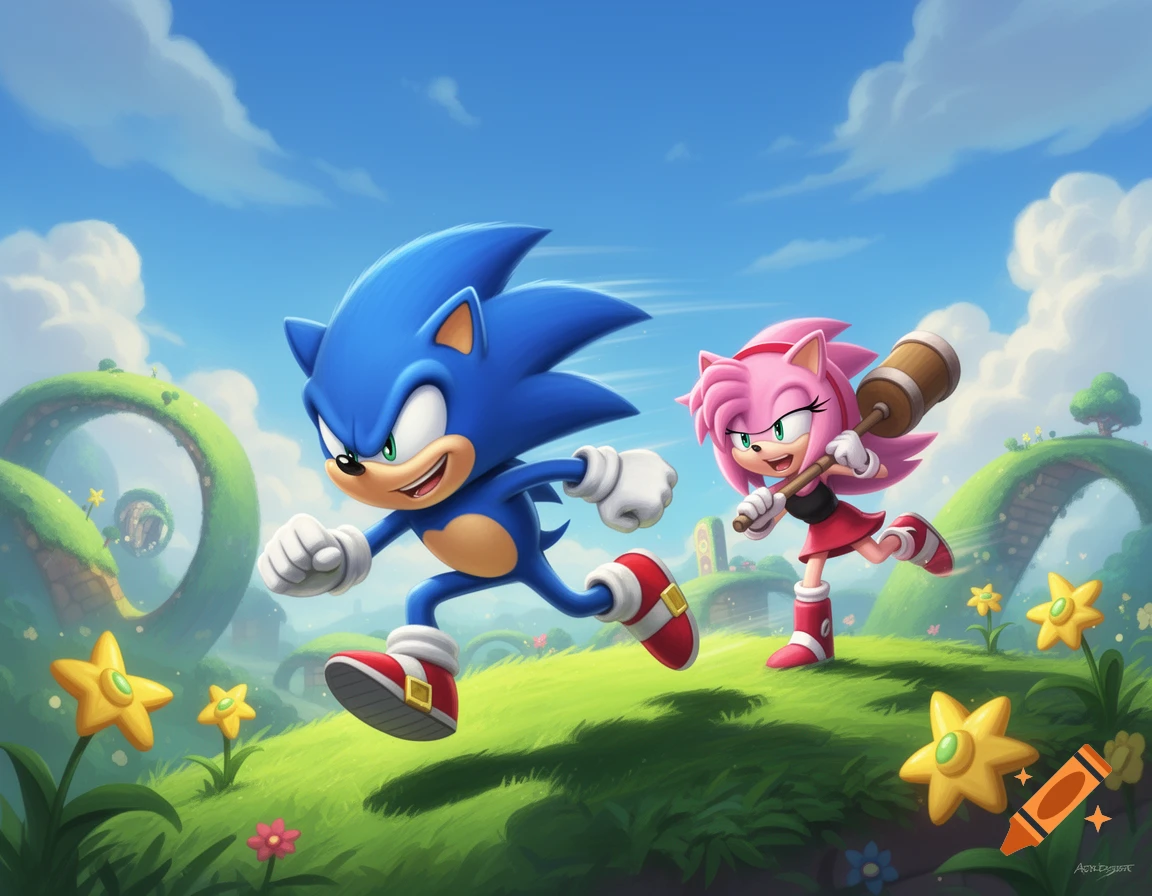 Sonic the Hedgehog and Amy Rose run across a vibrant green landscape with loop-de-loops and yellow star flowers under a bright blue sky.