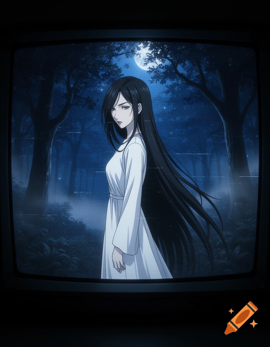 A moody anime ghost woman with long black hair and a white dress stands in a dark blue forest under a full moon, framed by a CRT TV.