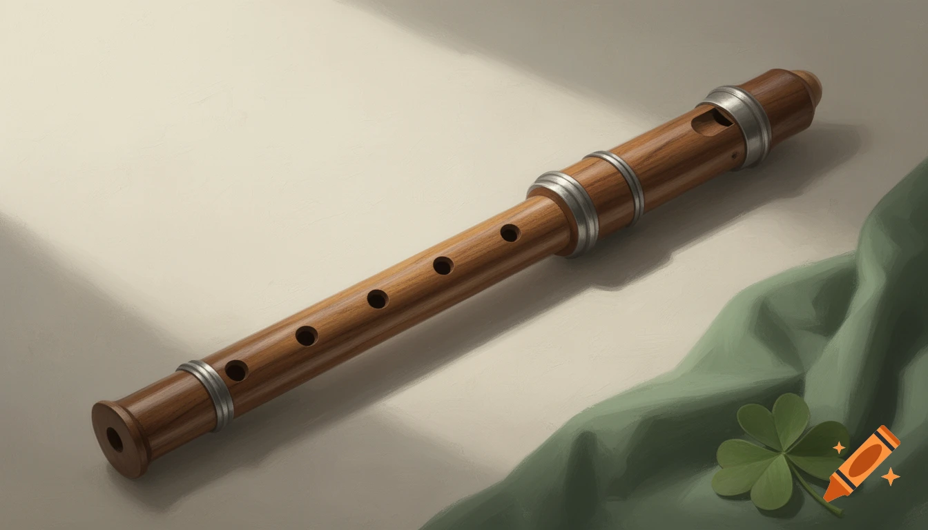 A painterly, realistic still life of a wooden Irish flute with silver rings, resting on a neutral surface beside a muted green cloth and a shamrock.
